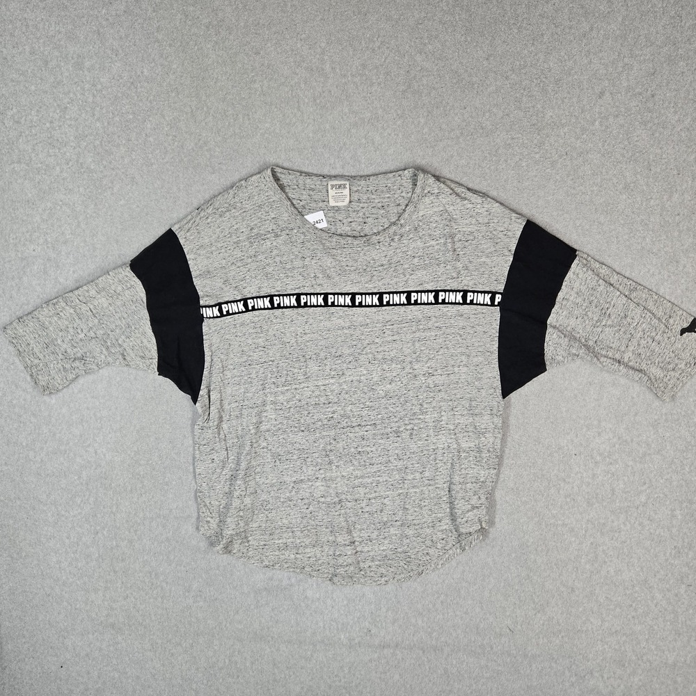 PINK Victoria's Secret Women Shirt M Gray Colorblock Logo Dolman Sleeve READ